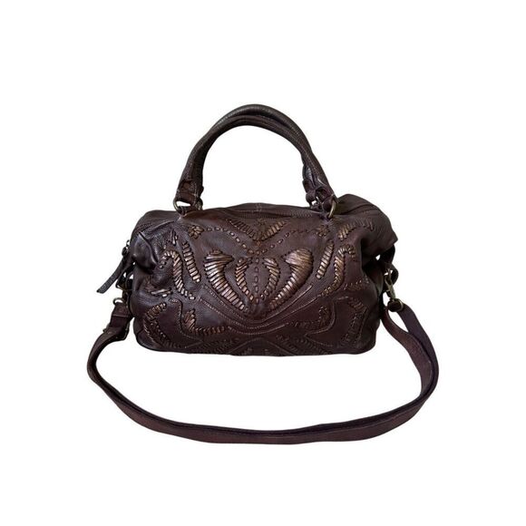 Old Trend Genuine Leather Purse Bag Brown Embroidered Shoulder Top Handles Boho - Picture 1 of 16